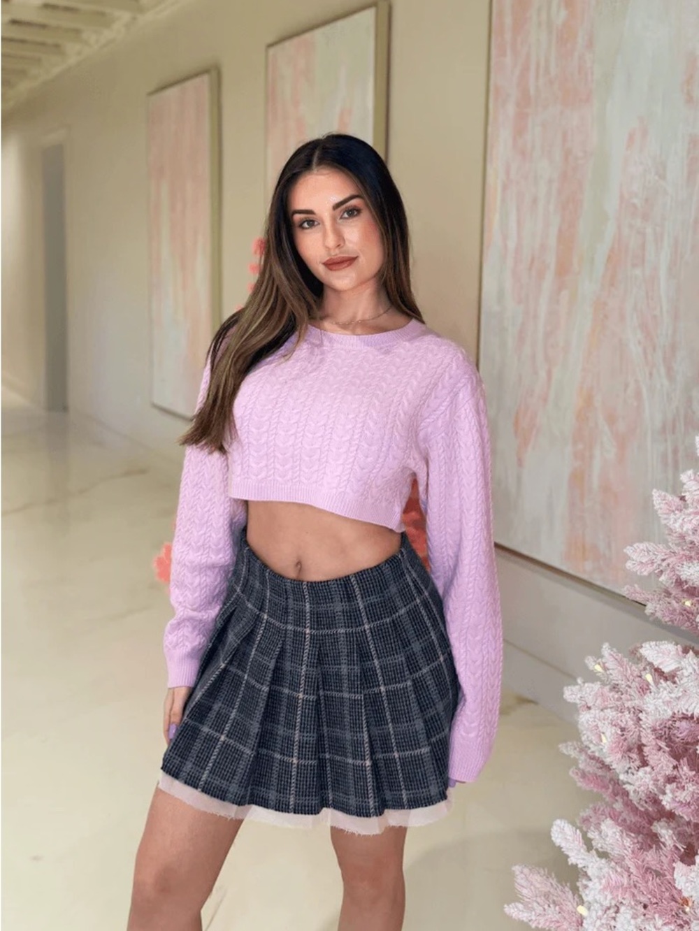 Loveshackfancy Calloway Wool & Cashmere Cable Cropped Sweater in Pale Rose